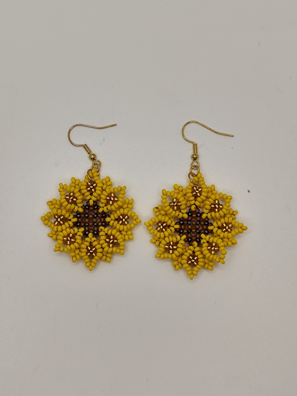 Bright Yellow Beaded Floral Drop Earrings with Gold Hooks